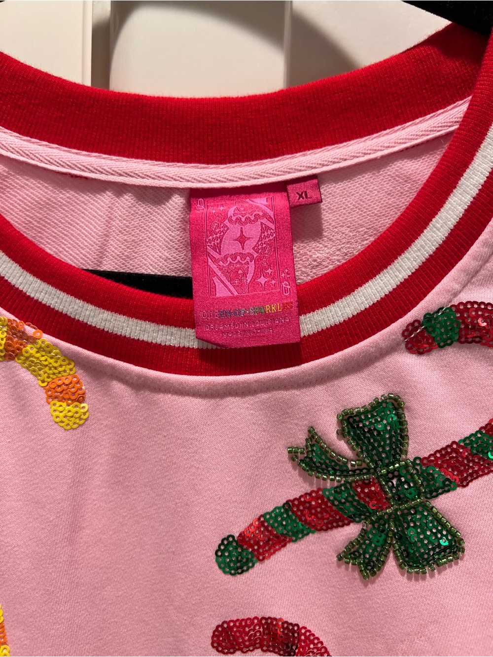Queen of Sparkles Pink Short Sleeve Sweatshirt with Red Trim Sequin Candy Cane - Picture 3 of 5